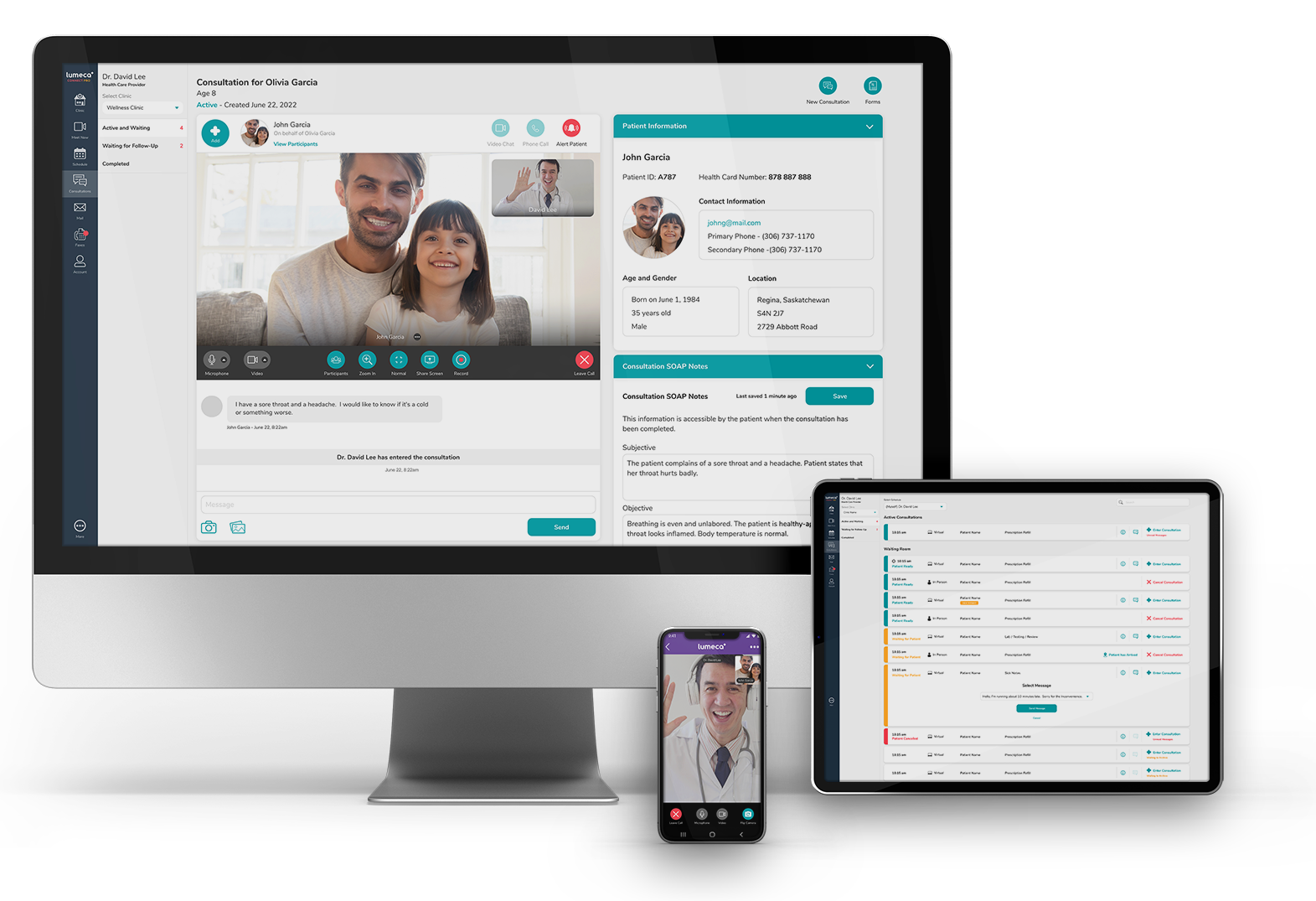 desktop, tablet, and android phone with screenshots of different screenshots from lumeca connect