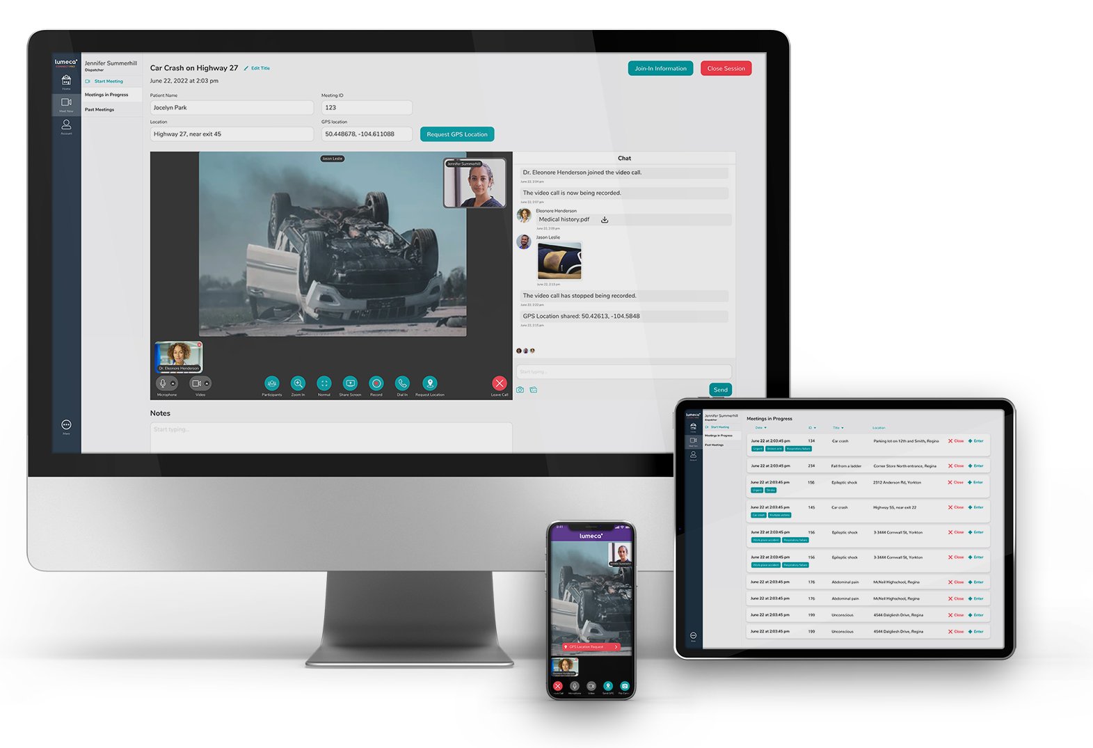 desktop, tablet, and android phone with screenshots of different screenshots from lumeca go