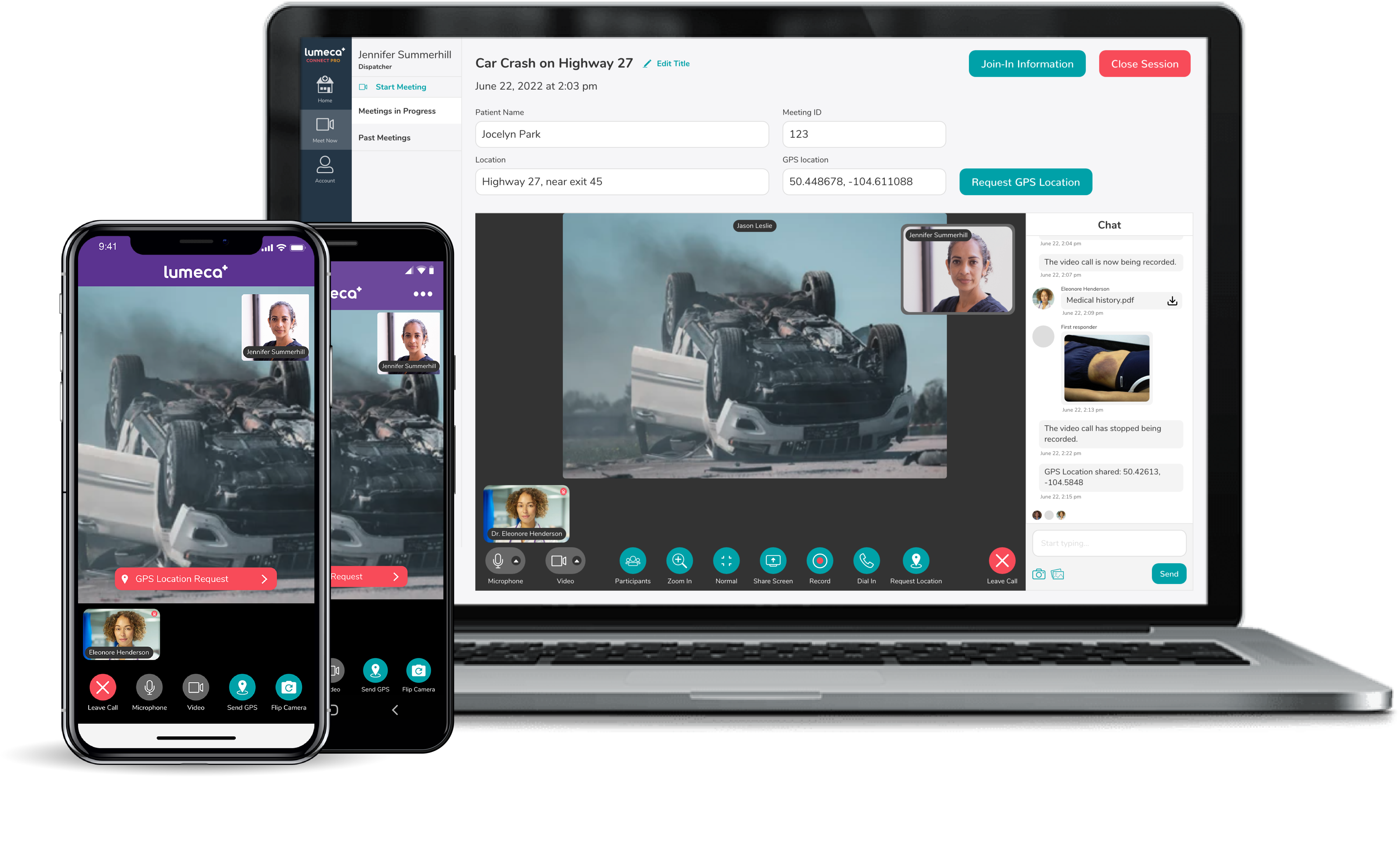 laptop, android, and iphone with a dispatcher, provider, and a first responder in a video call for a car crash emergency