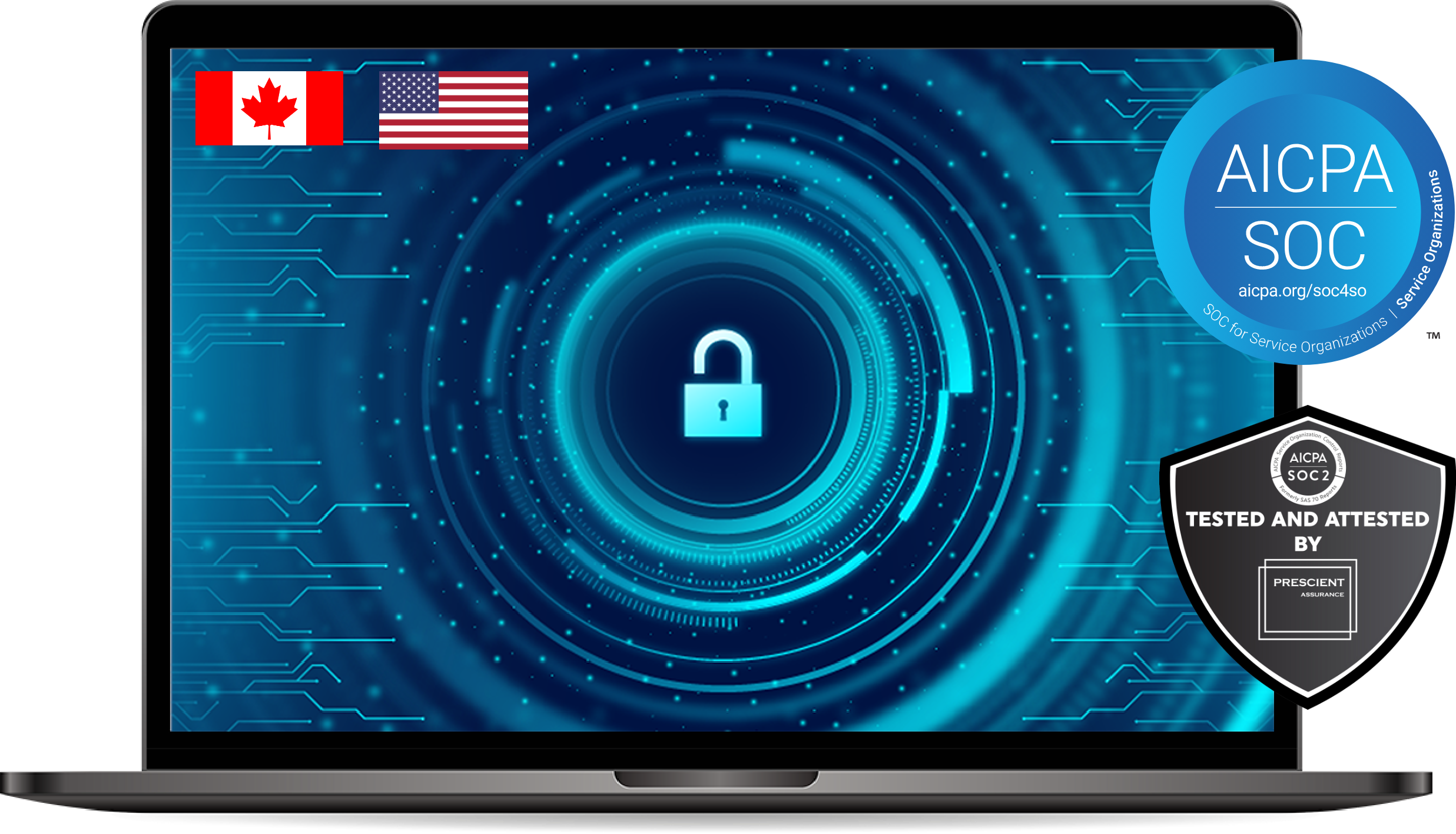 laptop with an image or a clock, soc badges, and canadian and usa flags