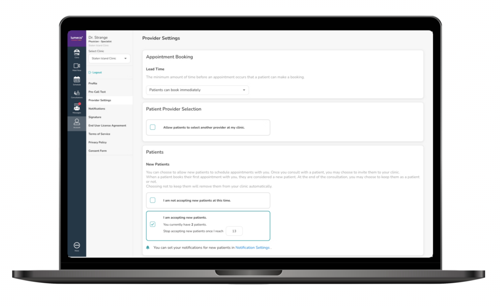 laptop with provider settings where provider can select how many new patients they are accepting