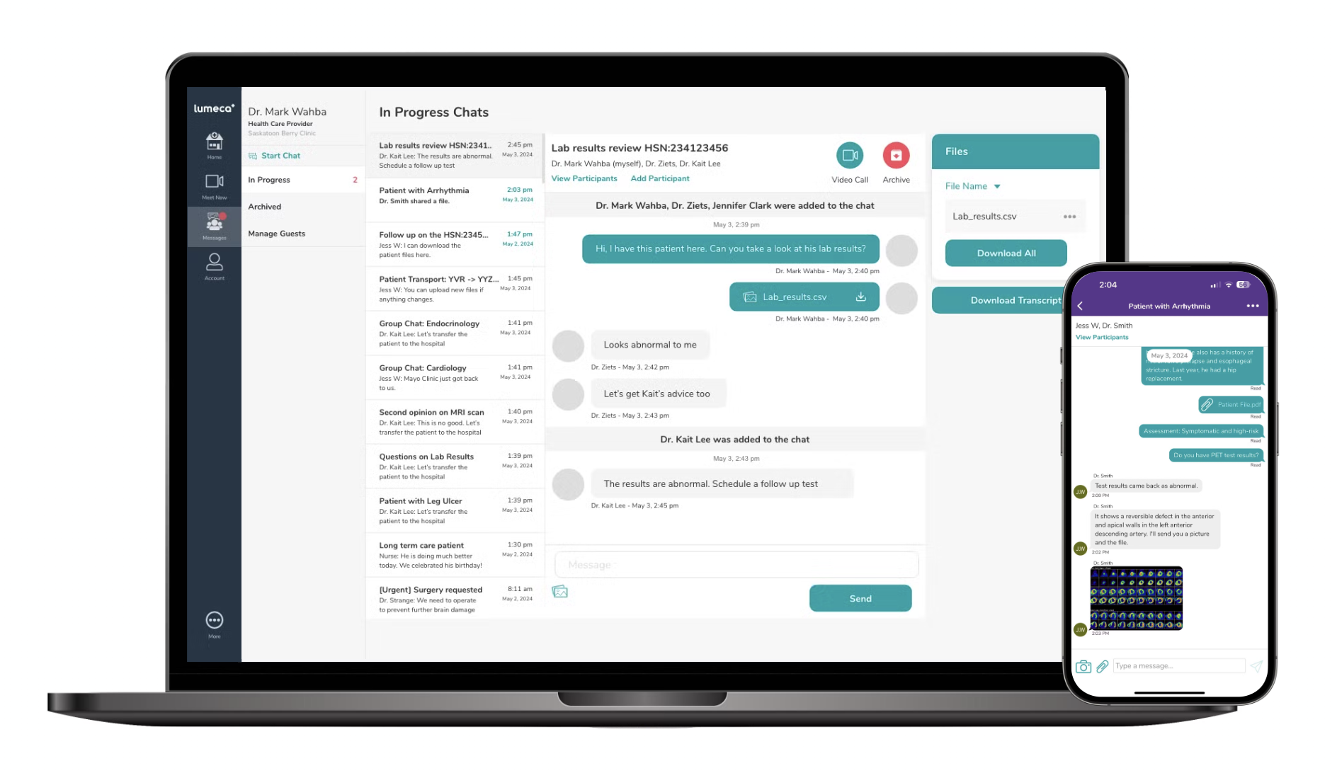 mock of a laptop and a phone with a list of chats on the screen